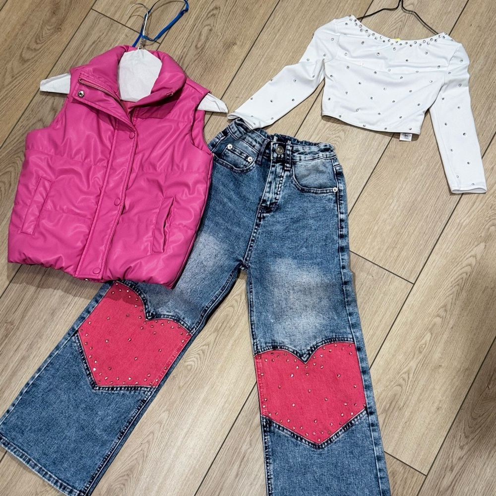 Pink Puffer Vest with Star Embellished Jeans